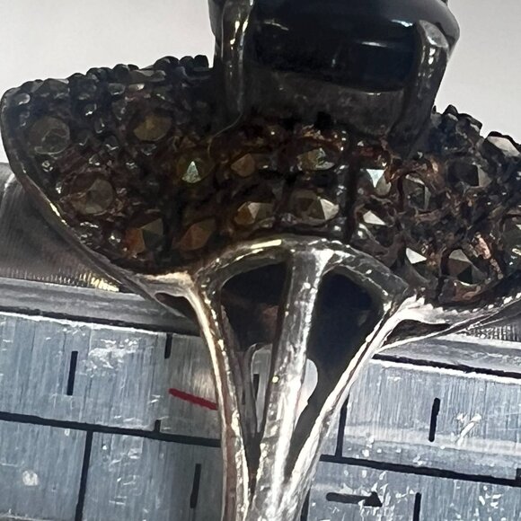 Vtg Black Onyx Marcasite Statement Ring 925 Thailand Silver Size 6.75 Wavy .75" - Picture 6 of 13